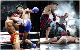 Коленом в голову: Сумасшедший нокаут тайского боксёра попал на видео