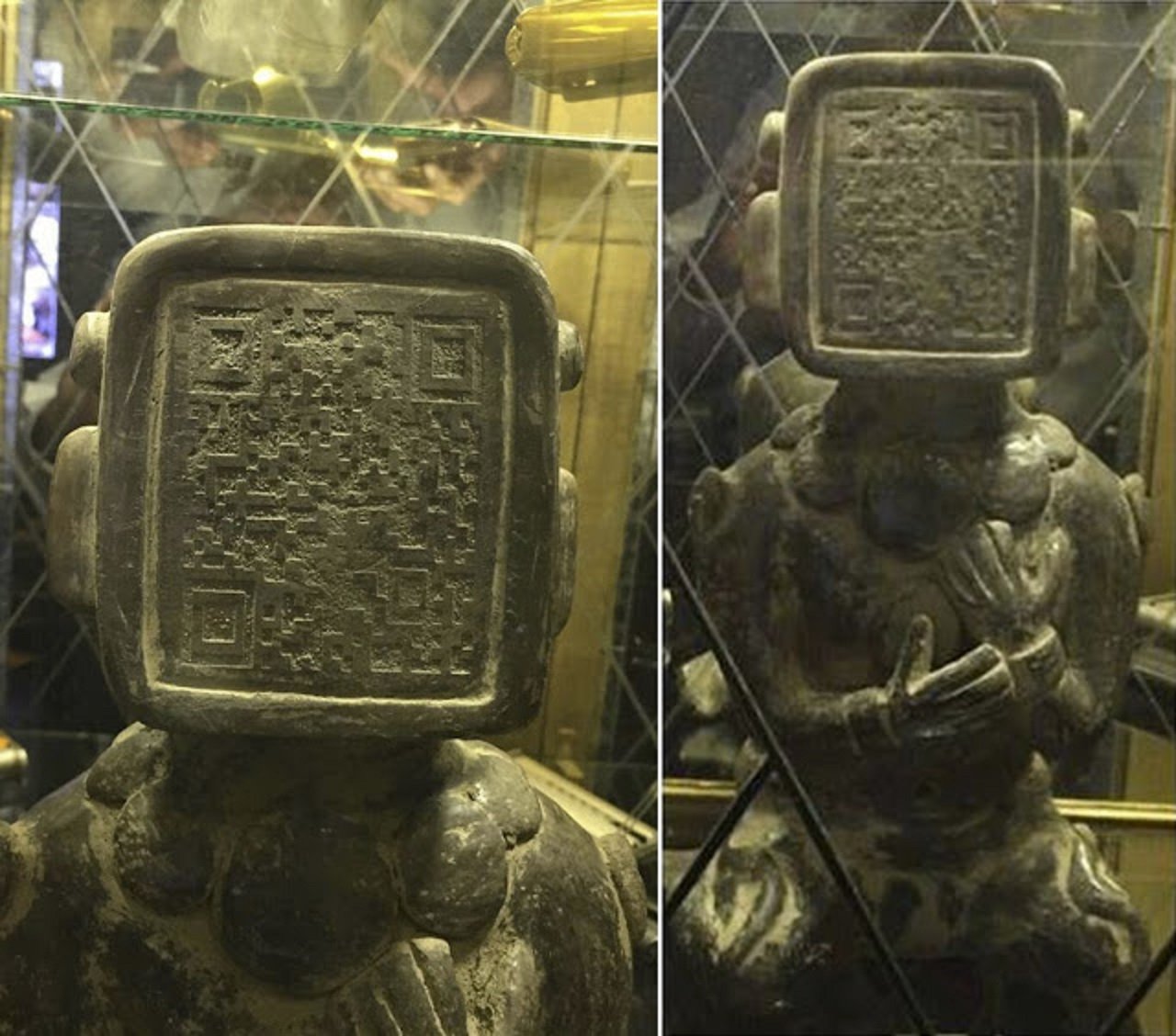 Код находки. Древние статуи Майя с QR кодом. QR-код на лице древней статуи Майя. Древняя статуя Майя с кьюар кодом. Артефакты древних цивилизаций.