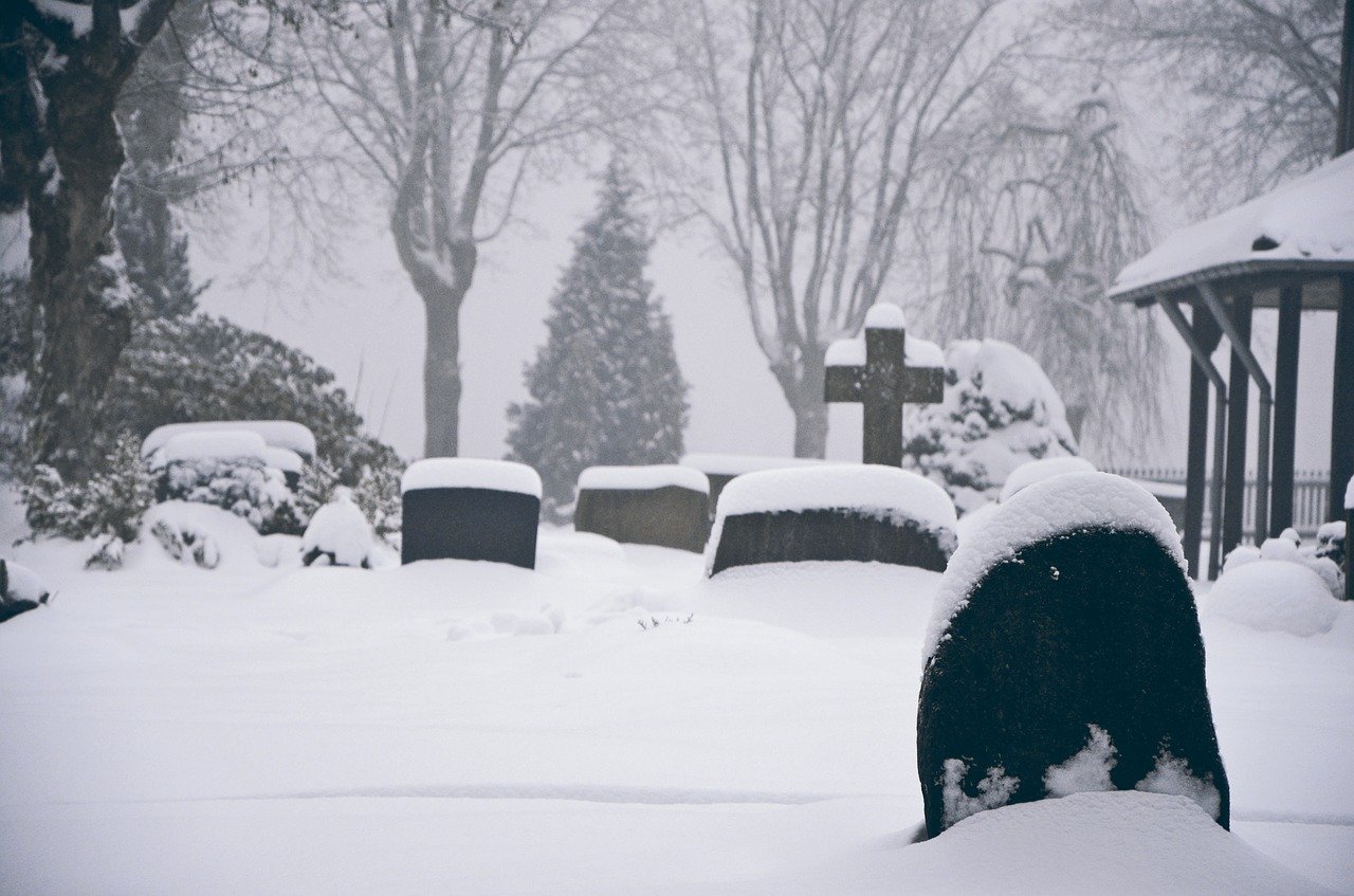 Надгробие в снегу. Могила в снегу. Кладбище зимой. Заснеженная могила.