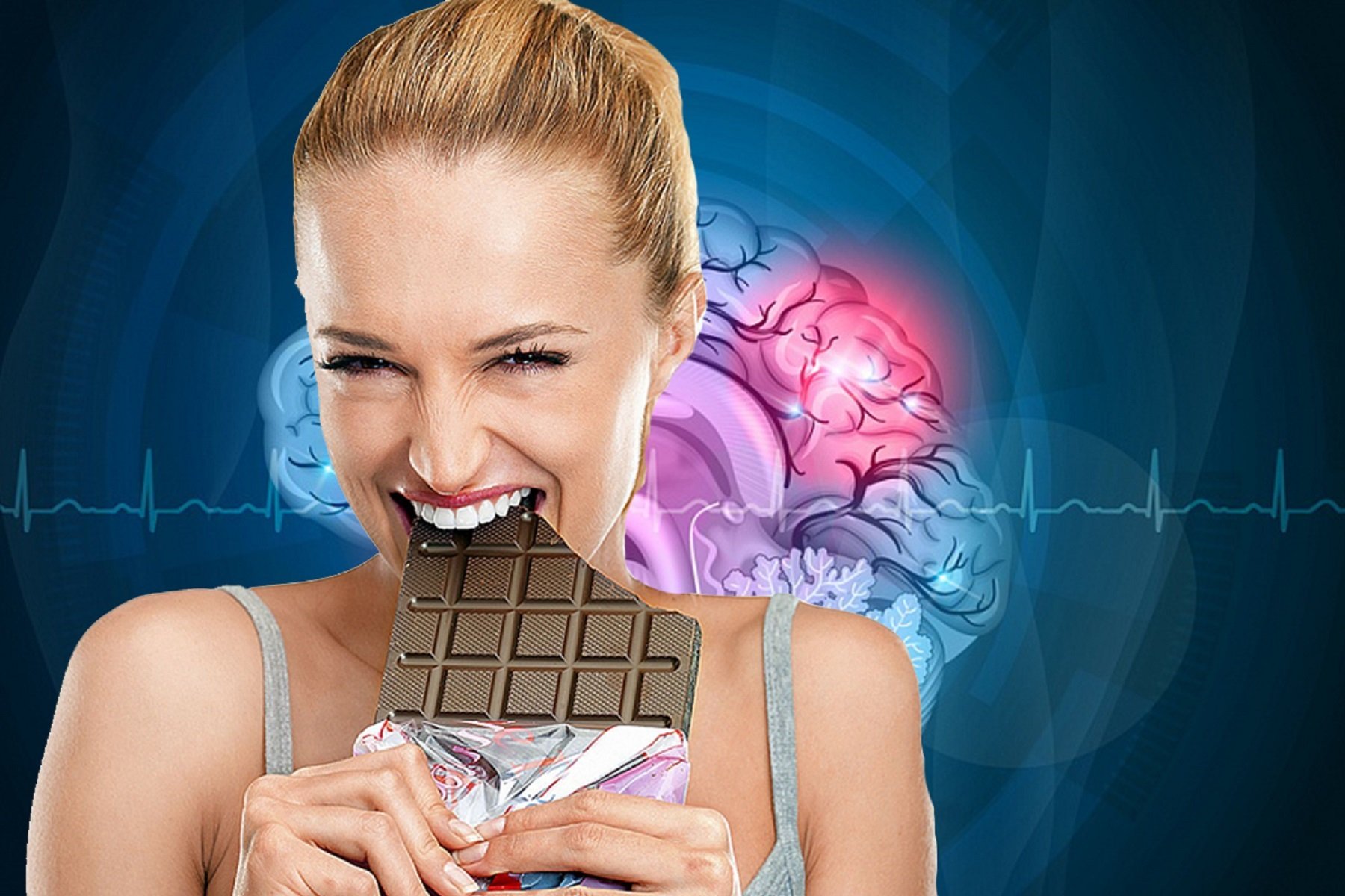 Шоколад и здоровье. Девушка с шоколадкой. Девушка лопает шоколадные конфеты.