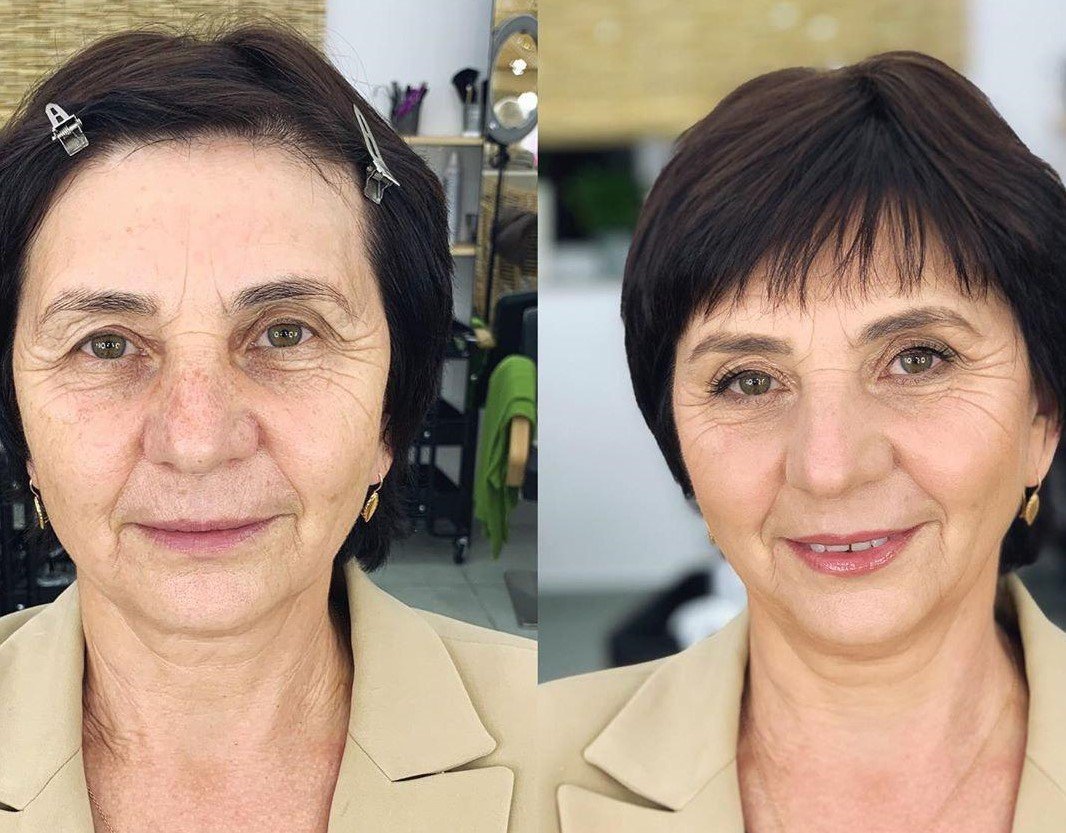 Процедура для лица после 60. Морщины до после. Возрастной макияж. Макияж после 40. Лицо с морщинами до и после.